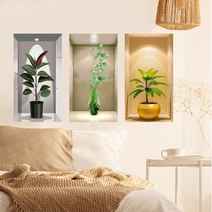 Detailed view of three-piece 3D wall stickers with potted green plants on a bedroom wall