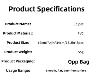 Detailed specification chart for 3D potted plant wall stickers in PVC material