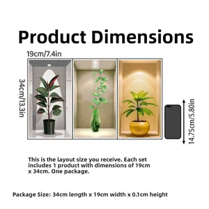 Detailed dimensions of 3D green plant wall stickers with mobile phone size reference