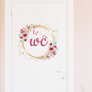 Floral WC wall sticker with pink flowers and butterflies for bathroom door decoration