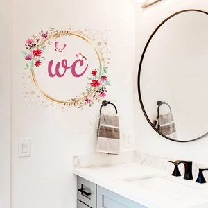 Floral WC wall sticker with pink flowers and butterflies for bathroom mirror decoration