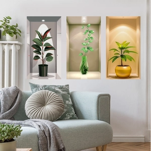 3-piece 3D green potted plant wall decals set with modern corridor depth effect