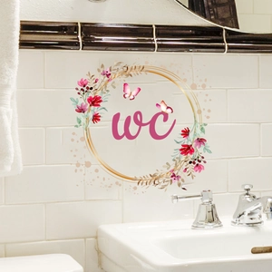 Floral WC wall sticker with pink flowers and butterflies in golden circle for bathroom