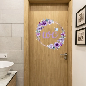 Adesivo per porta WC con corona di fiori viola elegante per decorazione bagno