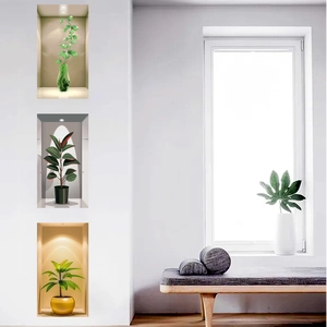 3D wall decals featuring realistic green potted plants for living room wall decoration