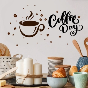 Detailed wall sticker featuring a Coffee Day artistic font with a steaming cup silhouette