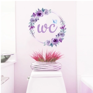 Adesivo da Parete WC con Fiori Viola e Farfalla PVC Impermeabile Decorazione Bagno Decalcomania Segnale Autoadesivo Casa Bagno