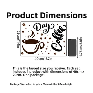 Size chart showing coffee wall decals with dimensions 40cm x 29cm and mobile phone comparison