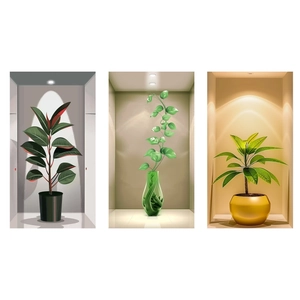 3D wall stickers featuring three diverse potted green plants with realistic shadow lighting