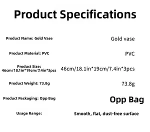Detailed technical specifications for 3D gold vase PVC wall stickers with dimensions