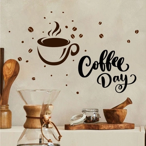 Coffee Day wall decal with steaming cup and beans on a warm kitchen wall background