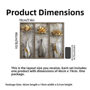 Dimensions of 3D gold lotus vase wall stickers showing 46x19cm panels for home decor