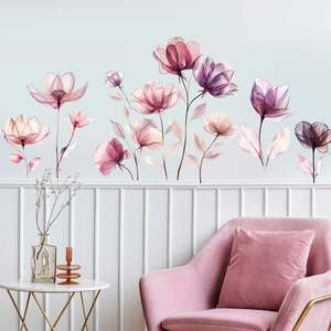 Stickers muraux fleurs translucides roses et violets style rayons X pour déco salon moderne