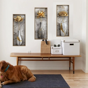 3D embossed wall art set featuring golden lotuses and vases with a modern stone texture