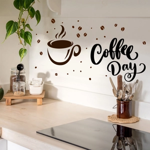 Creative coffee cup and beans wall sticker with Coffee Day artistic lettering for decor
