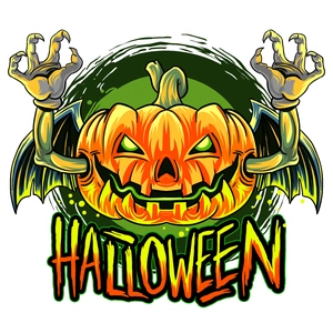 Halloween pumpkin monster wall sticker with bat wings and green glowing eyes for decor