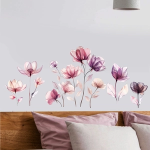 Stickers Muraux Fleurs à Rayons X Translucides Rose Violet en PVC Décalcomanies Florales Botaniques pour Salon Chambre