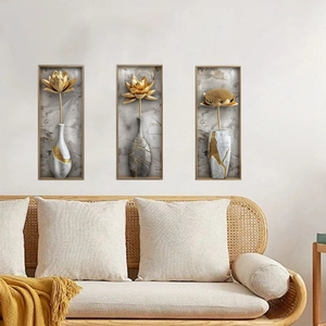 3D embossed wall stickers featuring golden flowers in artistic vases for living room decor
