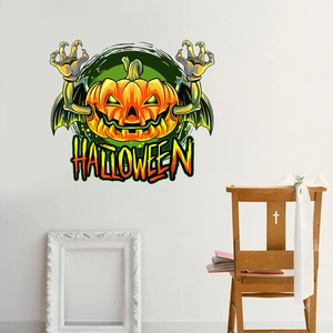 Halloween pumpkin wall sticker with bat wings and green aura for festive room decoration