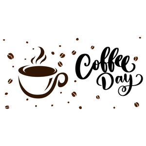 Minimalist dark brown coffee cup wall sticker with coffee beans and Coffee Day text