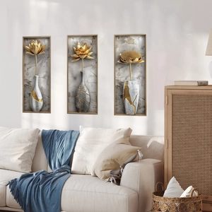 Modern set of 3D floral wall art with gold relief flower vases and marble background