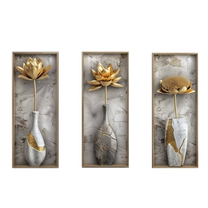 Modern set of 3 luxury 3D embossed wall art panels with golden lotus and marble vase