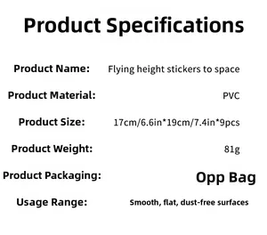 Detailed specifications of PVC space theme height wall sticker showing dimensions and 9 pieces