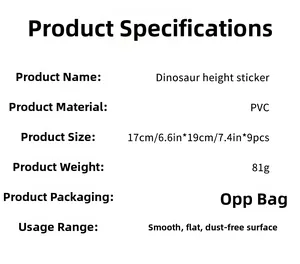 Detailed technical specifications for dinosaur height wall sticker with PVC material and size info