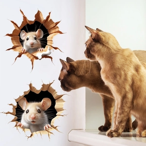 Sticker mural 3D avec deux souris mignonnes sortant d'un trou et chats curieux décor