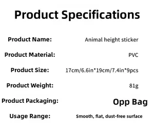 Detailed specifications for animal height sticker made of PVC with dimensions and weight
