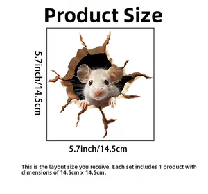 Detail showing 14.5x14.5cm dimension for 3D mouse wall sticker with a cracked wall effect