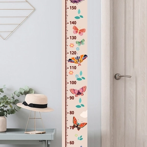 Detail view of colorful butterfly height wall chart measuring from 60cm to 150cm on grey wall