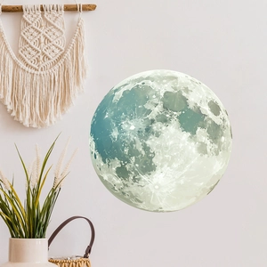 Realistic large moon wall sticker for home decor with bohemian wall hanging and dried plants