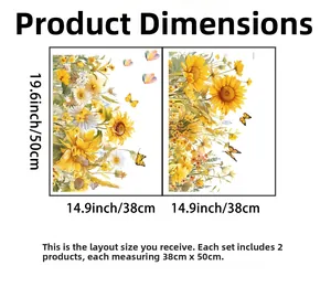 Detailed dimensions of sunflower and butterfly wall decals measuring 38x50cm per sheet