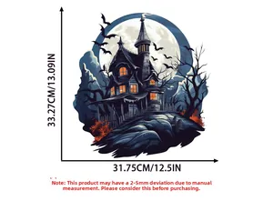 Detailed dimensions of Halloween castle wall sticker featuring gothic castle and full moon