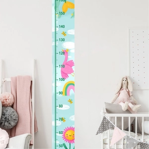 Sticker mural règle de croissance enfant motif flamant rose et arc-en-ciel 50-160cm
