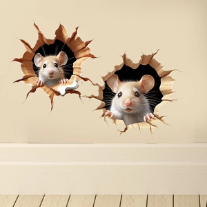 Sticker mural 3D avec deux souris mignonnes effet trou pour décoration de salon