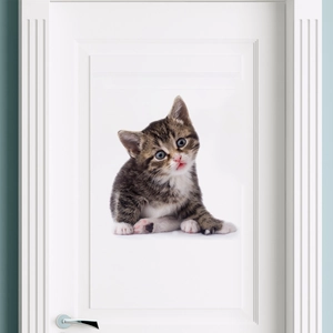 Realistic tabby kitten wall sticker applied to a white door in a bathroom setting