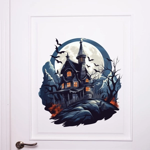 Halloween wall sticker featuring haunted castle and full moon for home party decor