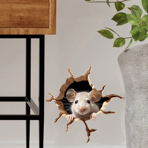 3D realistic wall sticker of a mouse peeking out from a broken hole in the wall