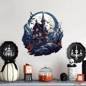 Halloween wall sticker with gothic haunted house bats and moon for party home decoration