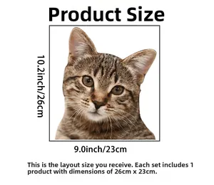 Detailed size chart for a realistic tabby cat face wall sticker measuring 26cm by 23cm