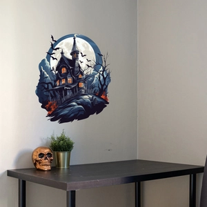 Halloween wall sticker featuring a haunted house, bats, and moon in a bedroom setting