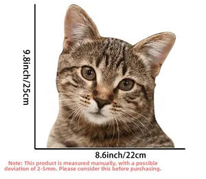 Close-up of cute tabby cat wall sticker showing product dimensions 25x22 cm details
