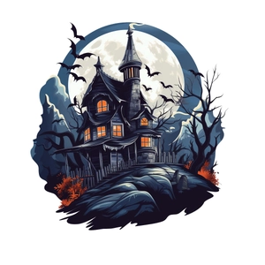 Spooky Halloween castle wall decal with full moon and bats for party decoration