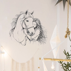 Adesivo murale schizzo ragazza e cavallo, arte lineare nera per decoro camera