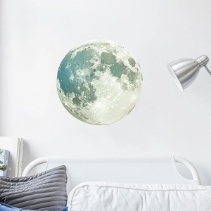 Detailed view of realistic moon surface wall sticker with craters in a modern bedroom setting