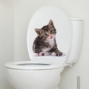 3D effect tabby cat sticker decoration on white ceramic toilet lid for bathroom styling