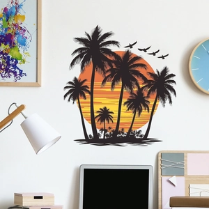 Detail of tropical sunset wall decal with palm trees and birds on a home office white wall
