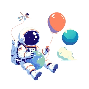 Sticker mural astronaute dessin animé avec terre et ballon pour chambre d'enfant